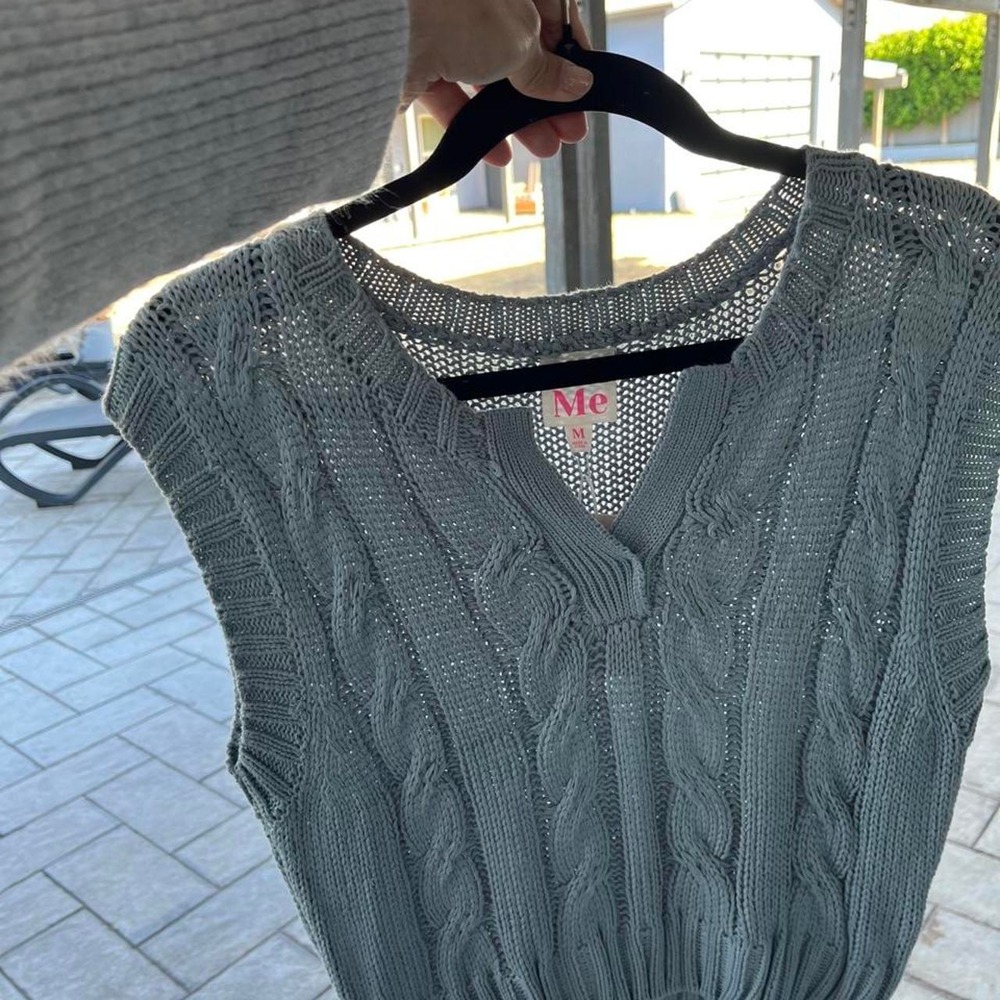 Cottagecore Light Blue Cable Knit Sweater Vest Preppy Cozy V-Neck Sz M